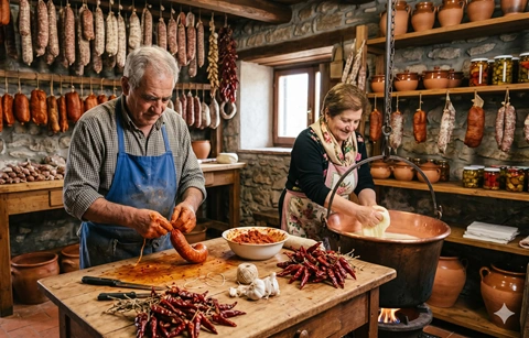 Mani che riempiono vasetti di conserve in un laboratorio artigianale